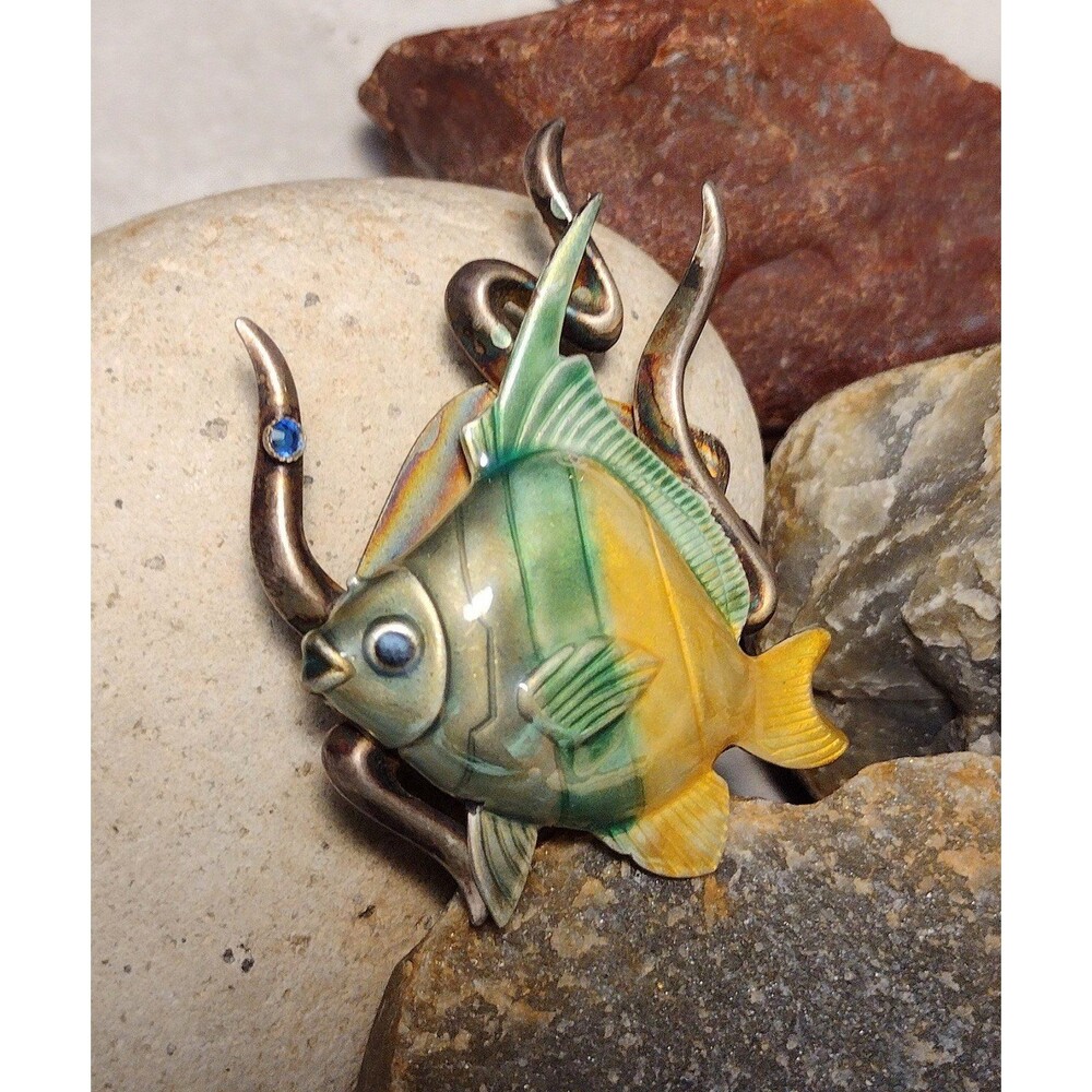 Vintage Kenneth Cole Enamel Silver tone Fish Brooch Pin